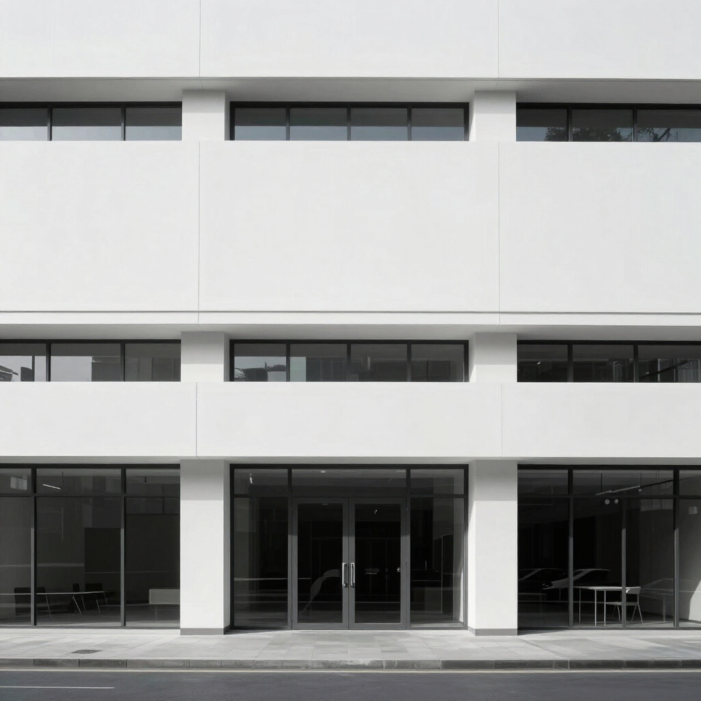 Modern white commercial building facade with large glass windows