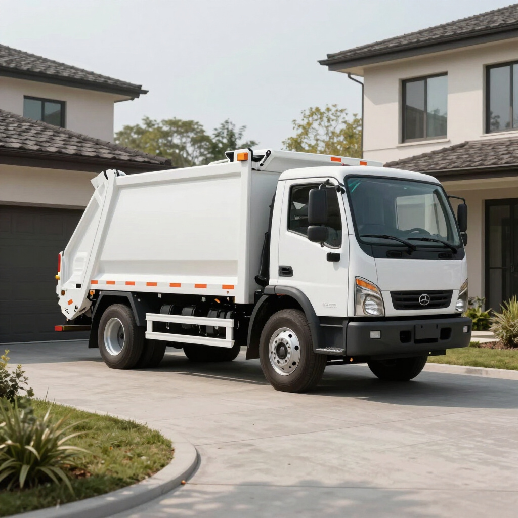 White junk removal truck parked in a residential driveway